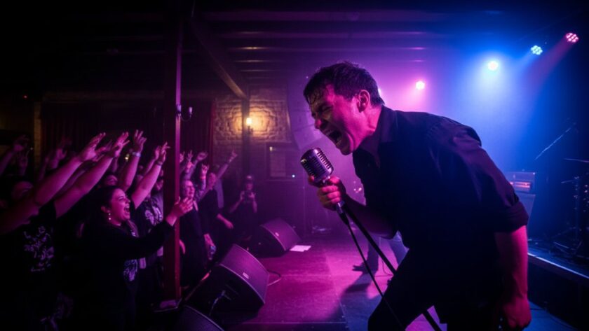 Dynamic close-up of a guitarist mid-shred on stage at a vibrant outdoor festival in Portland, Victoria, bathed in dramatic stage lights, perfectly encapsulating the Portland Victoria Gig Photography Excellence.