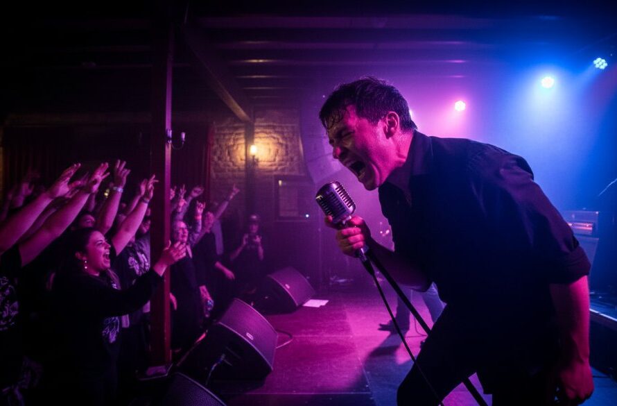 Dynamic close-up of a guitarist mid-shred on stage at a vibrant outdoor festival in Portland, Victoria, bathed in dramatic stage lights, perfectly encapsulating the Portland Victoria Gig Photography Excellence.