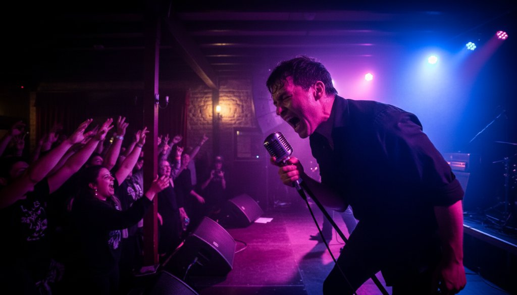 Dynamic close-up of a guitarist mid-shred on stage at a vibrant outdoor festival in Portland, Victoria, bathed in dramatic stage lights, perfectly encapsulating the Portland Victoria Gig Photography Excellence.
