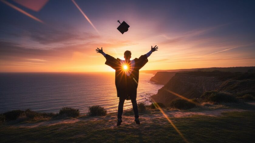 A jubilant graduate in their cap and gown, framed against the stunning coastal backdrop of Portland, Victoria, celebrating their achievement as the sun sets, expertly captured in professional Portland Victoria graduation photography by Image by SD.
