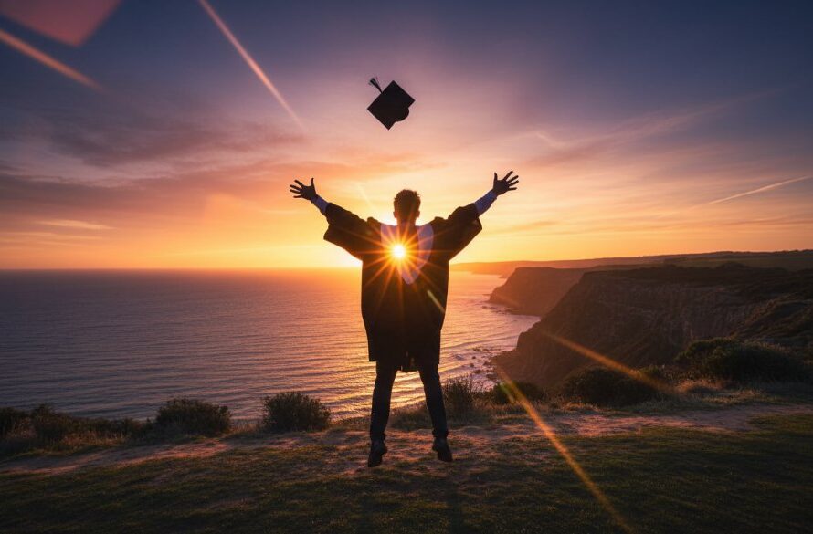 A jubilant graduate in their cap and gown, framed against the stunning coastal backdrop of Portland, Victoria, celebrating their achievement as the sun sets, expertly captured in professional Portland Victoria graduation photography by Image by SD.