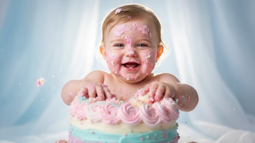 An epic moment captured during Portland Victoria Heartfelt First Birthday Cake Smash Photography, showing a joyous baby with cake all over their face, a wide grin, surrounded by pastel balloons, dramatic studio lighting highlighting the messy fun.