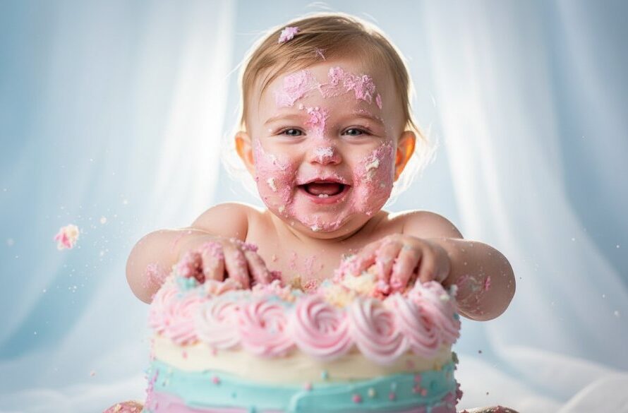 An epic moment captured during Portland Victoria Heartfelt First Birthday Cake Smash Photography, showing a joyous baby with cake all over their face, a wide grin, surrounded by pastel balloons, dramatic studio lighting highlighting the messy fun.