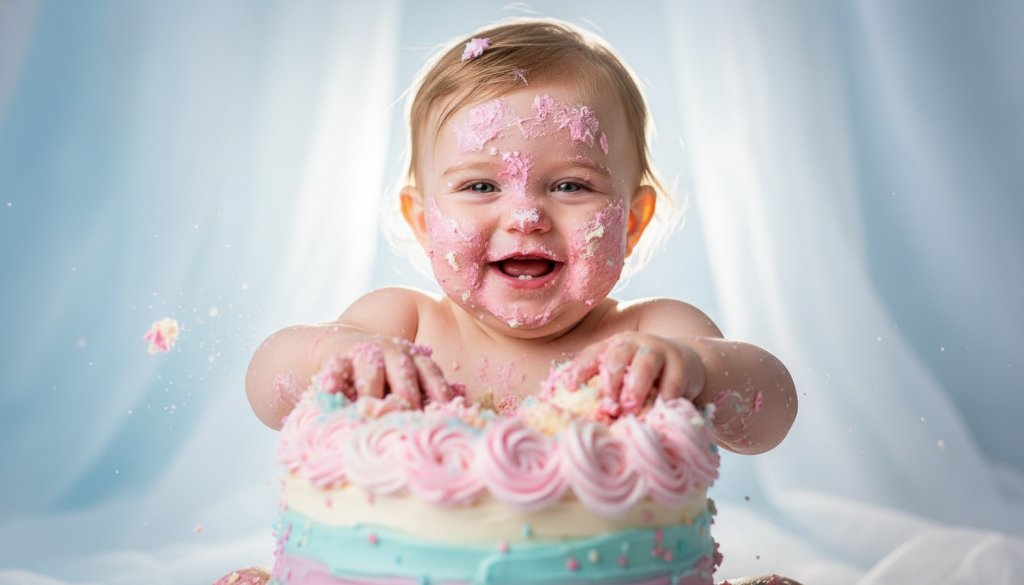 An epic moment captured during Portland Victoria Heartfelt First Birthday Cake Smash Photography, showing a joyous baby with cake all over their face, a wide grin, surrounded by pastel balloons, dramatic studio lighting highlighting the messy fun.