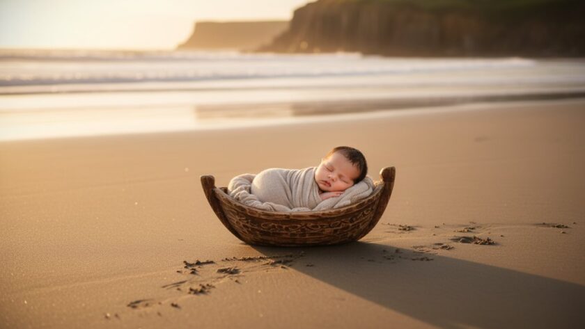 A tender, cinematic wide shot of a newborn baby swaddled in soft white fabric, nestled in a weathered timber bassinet on the pristine sands of Portland's Nuns Beach at dawn. The morning light casts a warm, golden glow, silhouetting the dramatic coastline in the background. This professional newborn photography Portland Victoria image captures a serene and majestic moment of new life, symbolizing hope and natural beauty.