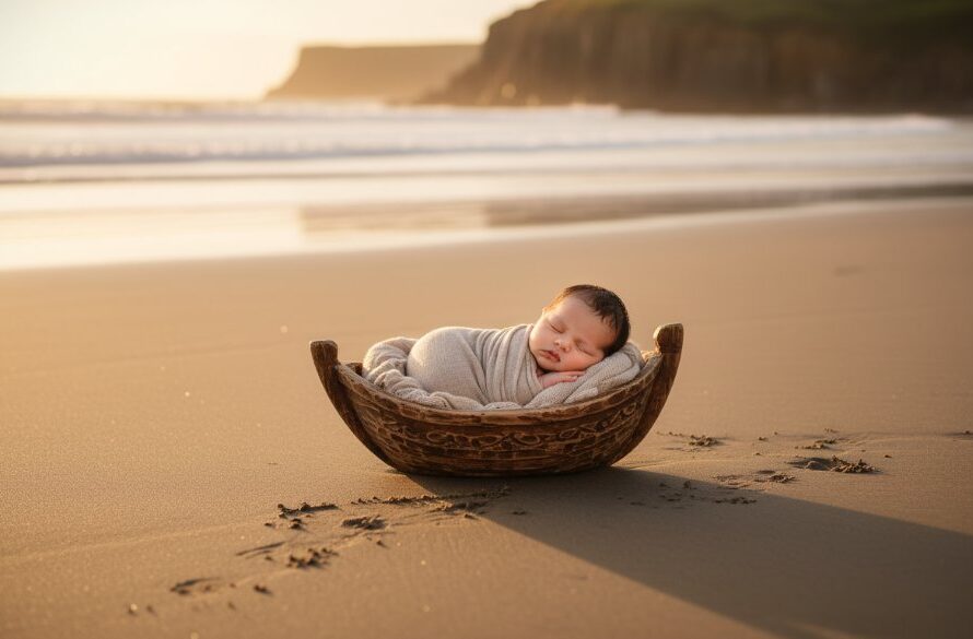A tender, cinematic wide shot of a newborn baby swaddled in soft white fabric, nestled in a weathered timber bassinet on the pristine sands of Portland's Nuns Beach at dawn. The morning light casts a warm, golden glow, silhouetting the dramatic coastline in the background. This professional newborn photography Portland Victoria image captures a serene and majestic moment of new life, symbolizing hope and natural beauty.