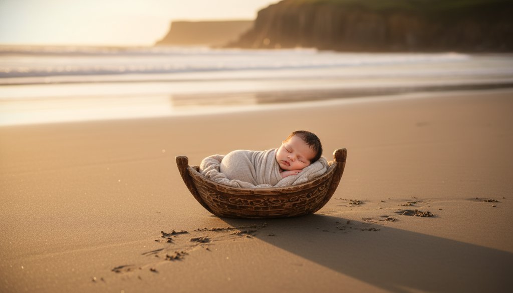 A tender, cinematic wide shot of a newborn baby swaddled in soft white fabric, nestled in a weathered timber bassinet on the pristine sands of Portland's Nuns Beach at dawn. The morning light casts a warm, golden glow, silhouetting the dramatic coastline in the background. This professional newborn photography Portland Victoria image captures a serene and majestic moment of new life, symbolizing hope and natural beauty.