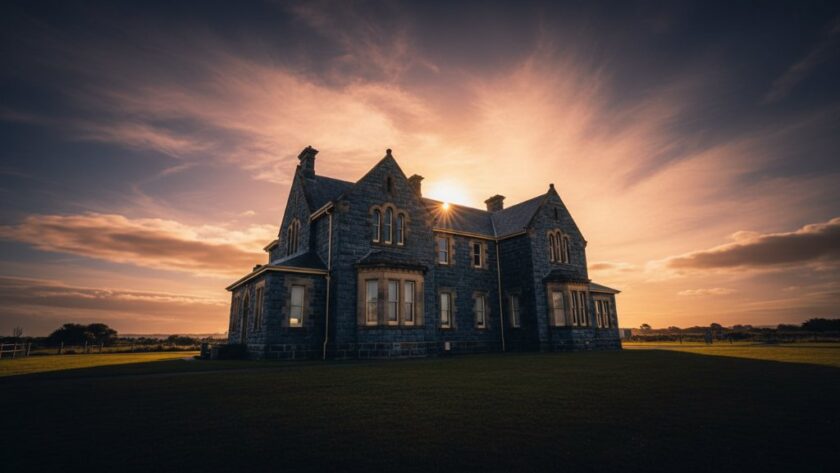 Dramatic wide-angle shot of a grand bluestone heritage building in Portland Victoria, captured at golden hour with dynamic clouds and a professional, color-graded aesthetic, epitomising expert Portland Victoria heritage architecture photography.