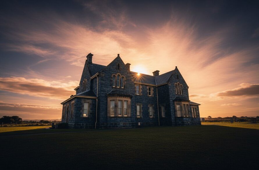 Dramatic wide-angle shot of a grand bluestone heritage building in Portland Victoria, captured at golden hour with dynamic clouds and a professional, color-graded aesthetic, epitomising expert Portland Victoria heritage architecture photography.