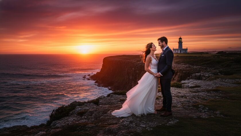 An epic, dramatic wide shot capturing a newly married couple embracing passionately at sunset near the historic Cape Nelson Lighthouse, showcasing the breathtaking coastal beauty of Portland Victoria Historic Lighthouse Wedding Photography, with golden light illuminating their joyful expressions and the rugged cliffs.