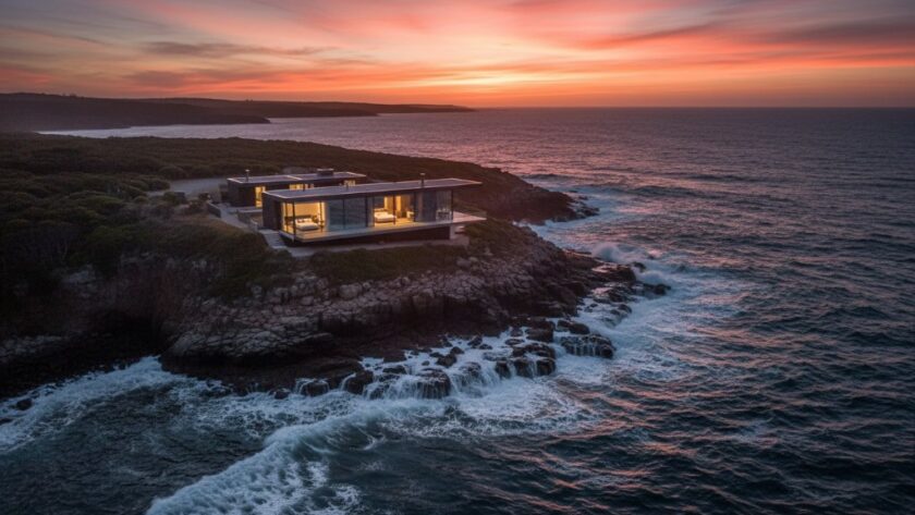 An aerial wide-shot showcasing a stunning luxury waterfront property in Portland, Victoria at sunrise, with golden light reflecting on the ocean, embodying Portland Victoria Luxury Real Estate Photography Tips.