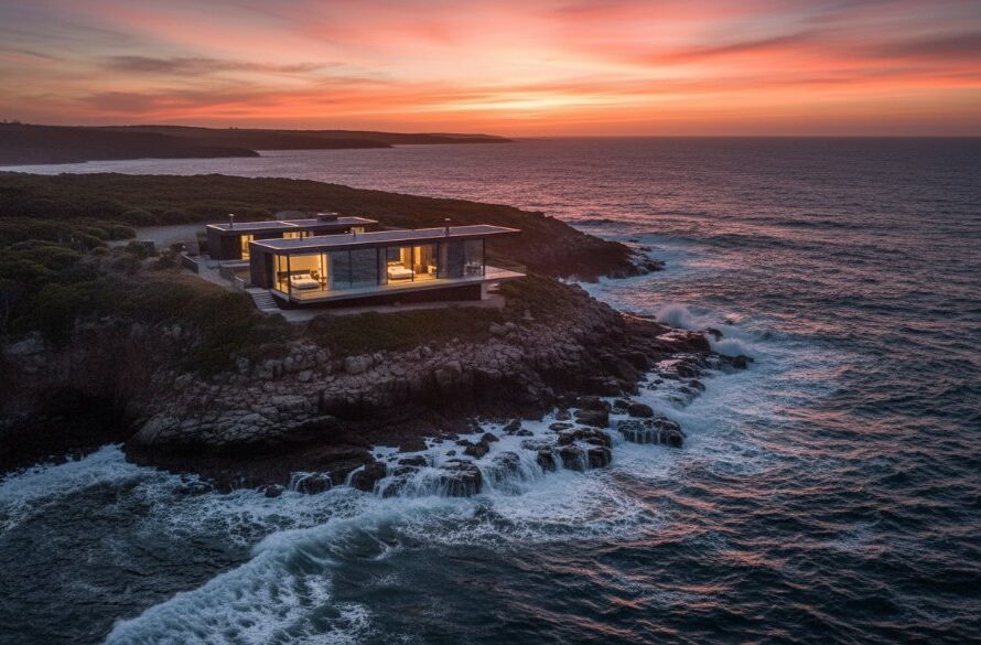 An aerial wide-shot showcasing a stunning luxury waterfront property in Portland, Victoria at sunrise, with golden light reflecting on the ocean, embodying Portland Victoria Luxury Real Estate Photography Tips.
