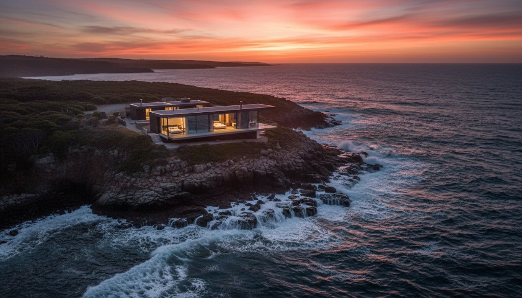 An aerial wide-shot showcasing a stunning luxury waterfront property in Portland, Victoria at sunrise, with golden light reflecting on the ocean, embodying Portland Victoria Luxury Real Estate Photography Tips.