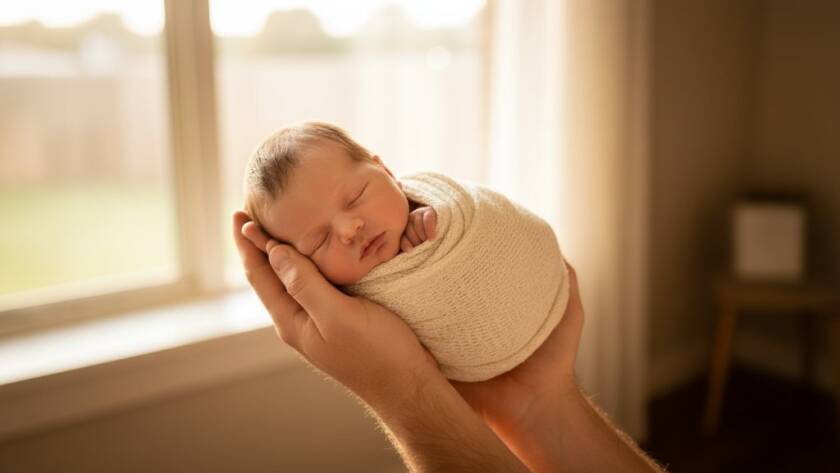 A heartwarming, epic moment captured in precious newborn photography Beaconsfield families cherish, featuring a peacefully sleeping newborn baby wrapped in a soft, knitted blanket, gently cradled in their parent's hands, with a warm, golden sunlight filtering through a nearby window, creating a soft halo effect, shot with professional photography techniques and cinematic colour grading, evoking tenderness and new beginnings.