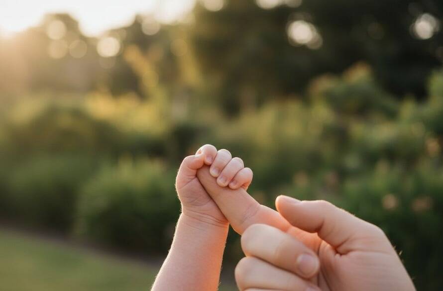 A heartwarming, cinematic close-up of a newborn baby's tiny hand gently grasping a parent's finger, set against a softly blurred, golden-hour backdrop of a serene park in Melton West, evoking the precious newborn photography Melton West families cherish. Dramatic, soft light highlights the delicate details.