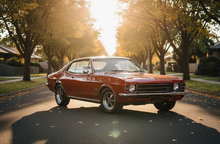 An epic moment of Precision Automotive Photography Blackburn North, featuring a gleaming vintage sports car parked dramatically under a vibrant sunset glow, showcasing its sleek lines and reflective surface on a quiet, tree-lined street, captured with professional, cinematic lighting.