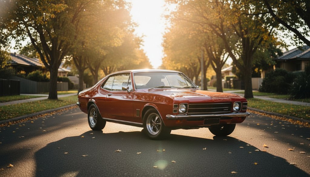 An epic moment of Precision Automotive Photography Blackburn North, featuring a gleaming vintage sports car parked dramatically under a vibrant sunset glow, showcasing its sleek lines and reflective surface on a quiet, tree-lined street, captured with professional, cinematic lighting.