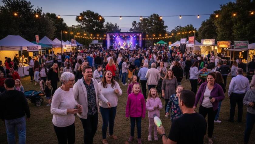 A candid, wide-angle shot of a vibrant community festival in Ashburton, Victoria, showcasing the premier Ashburton event photography capturing authentic joy. People laughing and dancing under string lights, food stalls, and a local band playing on a small stage, all bathed in warm golden hour light with a shallow depth of field, captured in an 'epic moment' style with professional colour grading.