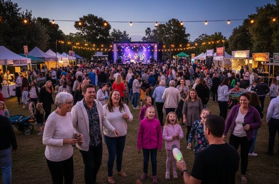 A candid, wide-angle shot of a vibrant community festival in Ashburton, Victoria, showcasing the premier Ashburton event photography capturing authentic joy. People laughing and dancing under string lights, food stalls, and a local band playing on a small stage, all bathed in warm golden hour light with a shallow depth of field, captured in an 'epic moment' style with professional colour grading.