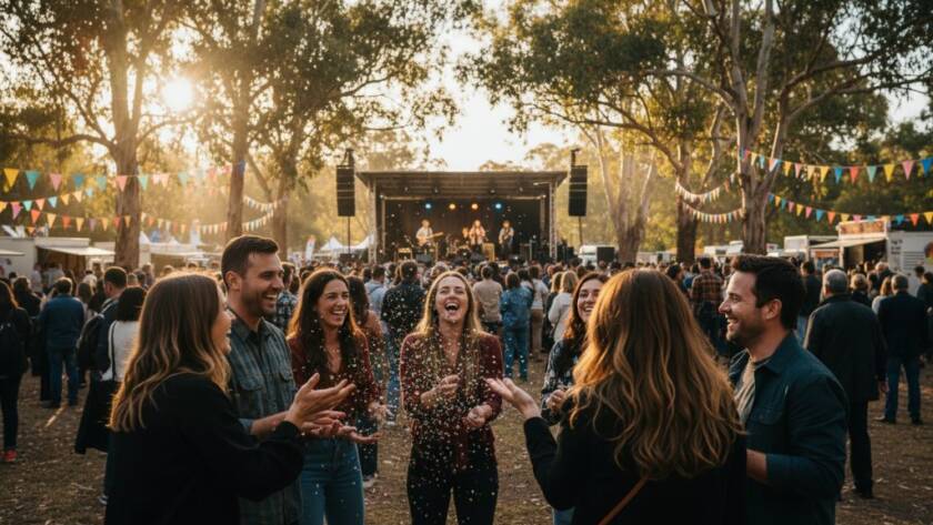 Dynamic wide shot capturing Premier Event Photography Glen Iris Moments during a vibrant community festival, with people laughing and confetti in the air, professionally lit with warm evening glow.