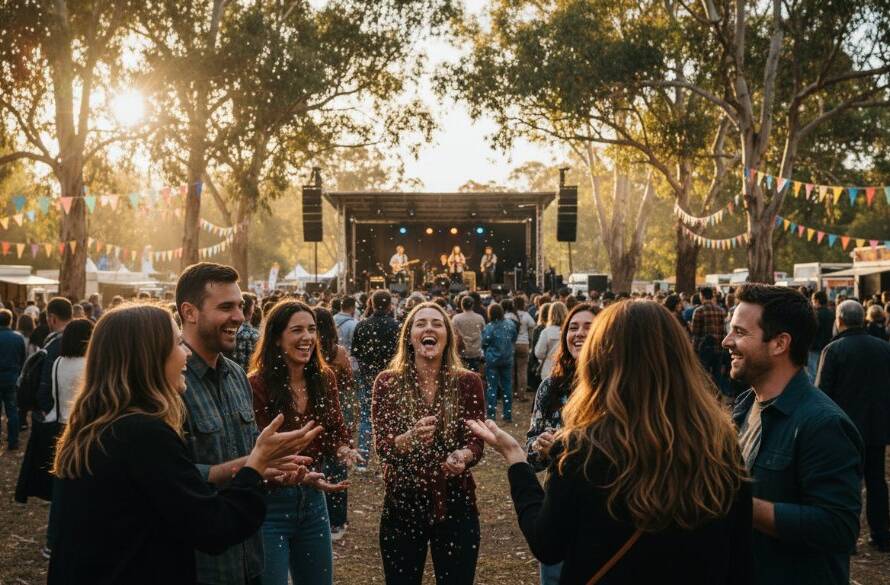 Dynamic wide shot capturing Premier Event Photography Glen Iris Moments during a vibrant community festival, with people laughing and confetti in the air, professionally lit with warm evening glow.