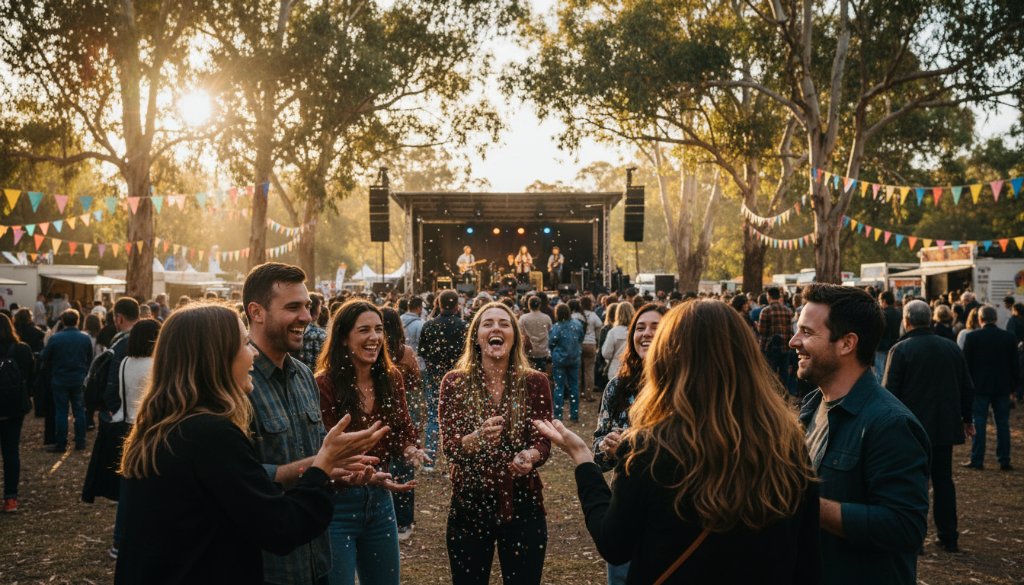 Dynamic wide shot capturing Premier Event Photography Glen Iris Moments during a vibrant community festival, with people laughing and confetti in the air, professionally lit with warm evening glow.