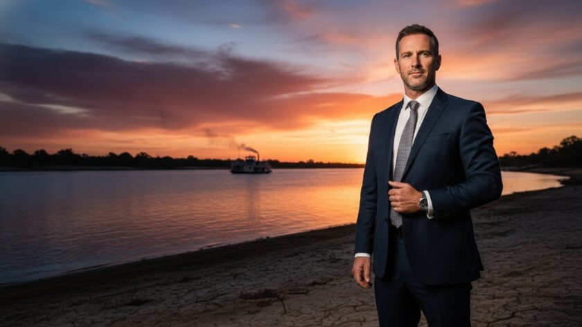 A powerful, cinematic wide shot of a successful business executive looking confidently at the camera, with the tranquil Murray River and a hint of the iconic PS Pyap paddle steamer in the background at sunset in Swan Hill, showcasing premier executive portrait photography Swan Hill.