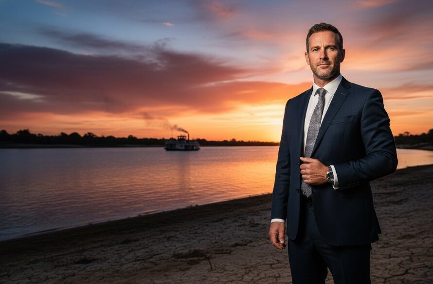 A powerful, cinematic wide shot of a successful business executive looking confidently at the camera, with the tranquil Murray River and a hint of the iconic PS Pyap paddle steamer in the background at sunset in Swan Hill, showcasing premier executive portrait photography Swan Hill.