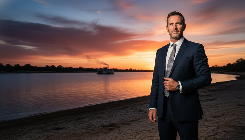 A powerful, cinematic wide shot of a successful business executive looking confidently at the camera, with the tranquil Murray River and a hint of the iconic PS Pyap paddle steamer in the background at sunset in Swan Hill, showcasing premier executive portrait photography Swan Hill.