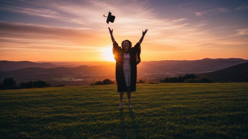 An epic moment of a joyful graduate, cap thrown high against a dramatic, golden hour sky above the Dandenong Ranges, celebrating their premier graduation photography experiences Upper Ferntree Gully, professionally captured with vibrant colours and a sense of achievement.