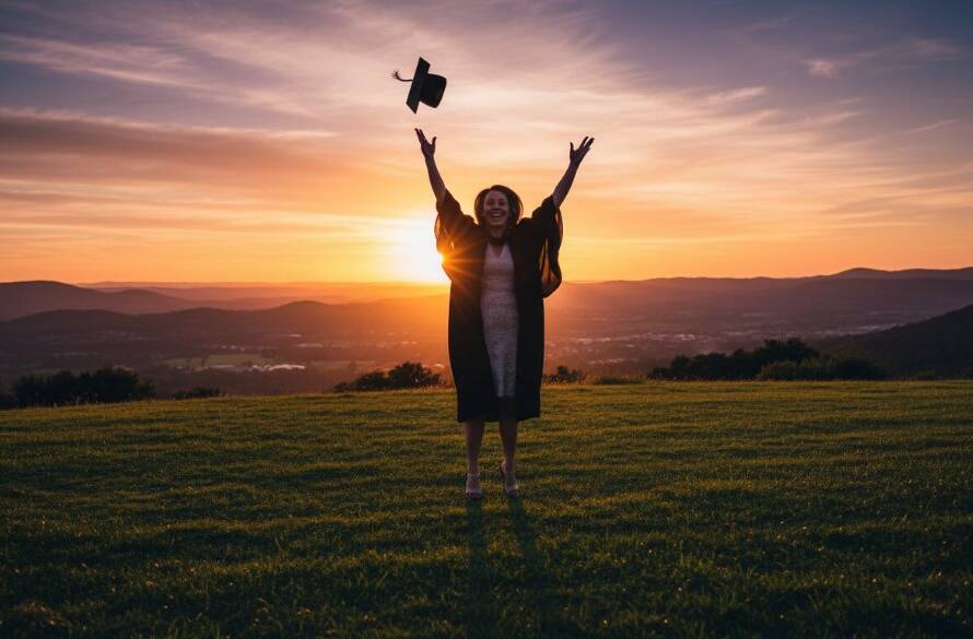 An epic moment of a joyful graduate, cap thrown high against a dramatic, golden hour sky above the Dandenong Ranges, celebrating their premier graduation photography experiences Upper Ferntree Gully, professionally captured with vibrant colours and a sense of achievement.