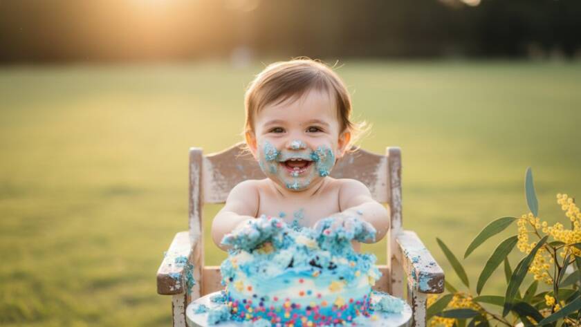 A joyful toddler in a dramatic, 'epic moment' style photograph, covered in cake, celebrating their first birthday during a premier Sandhurst cake smash photography artistic session, with soft, golden light filtering through a natural backdrop.