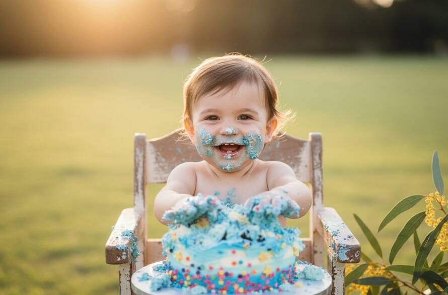 A joyful toddler in a dramatic, 'epic moment' style photograph, covered in cake, celebrating their first birthday during a premier Sandhurst cake smash photography artistic session, with soft, golden light filtering through a natural backdrop.