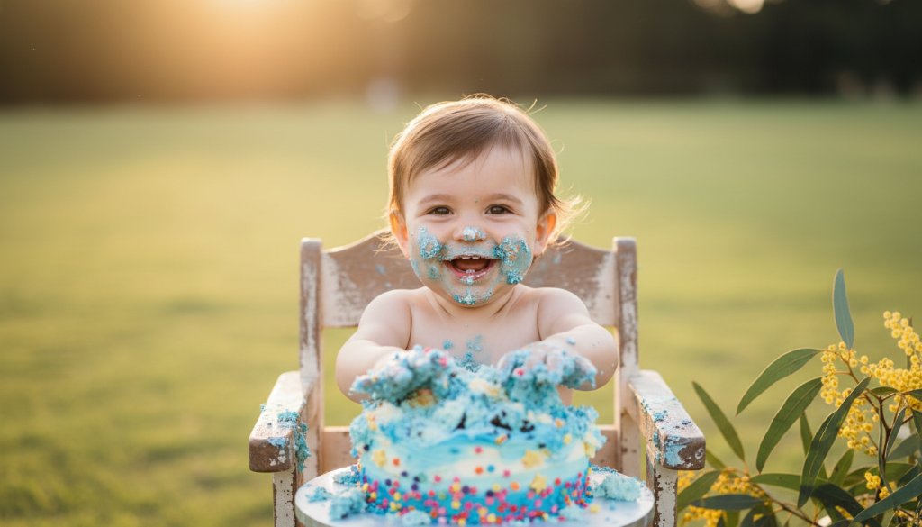 A joyful toddler in a dramatic, 'epic moment' style photograph, covered in cake, celebrating their first birthday during a premier Sandhurst cake smash photography artistic session, with soft, golden light filtering through a natural backdrop.