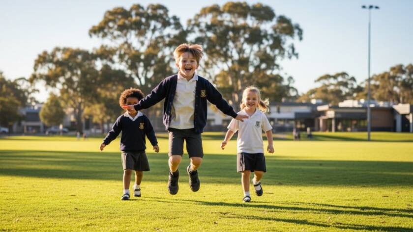 A vibrant, professionally colour-graded photograph capturing an epic moment of two primary school children laughing joyfully during a school event at Keilor Park, showcasing premier school photography Keilor Park capturing genuine moments.