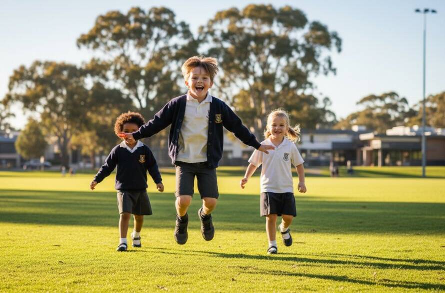 A vibrant, professionally colour-graded photograph capturing an epic moment of two primary school children laughing joyfully during a school event at Keilor Park, showcasing premier school photography Keilor Park capturing genuine moments.