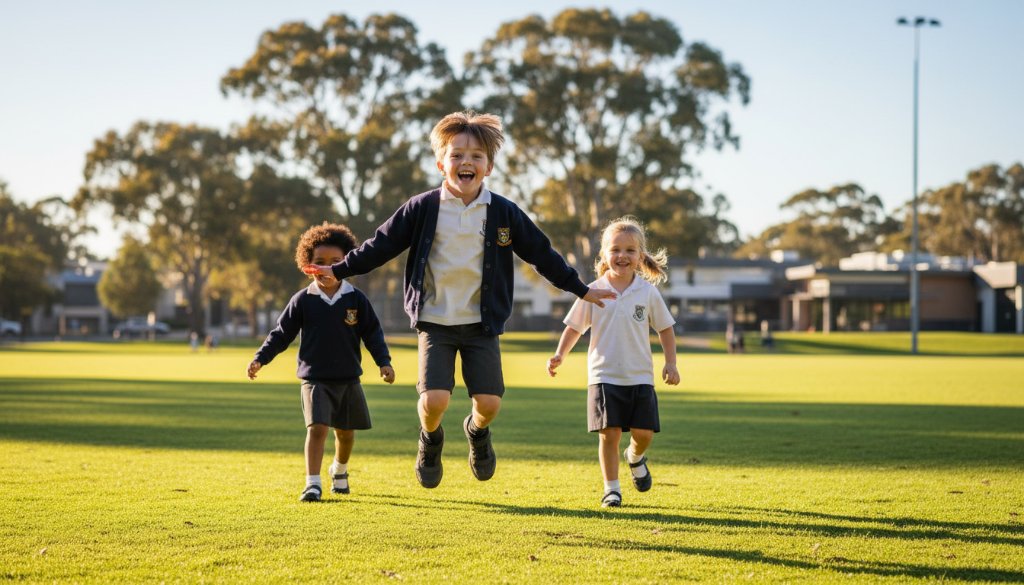 A vibrant, professionally colour-graded photograph capturing an epic moment of two primary school children laughing joyfully during a school event at Keilor Park, showcasing premier school photography Keilor Park capturing genuine moments.