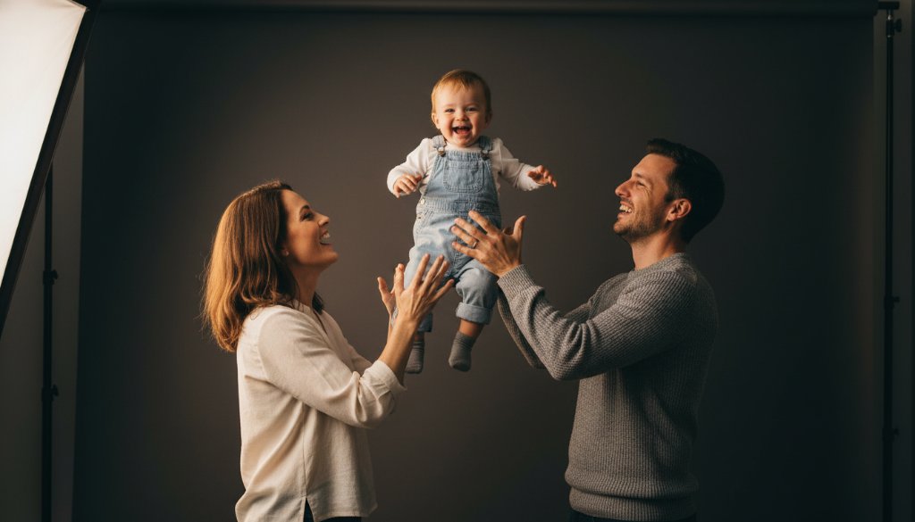 A striking close-up of a joyful family captured during their premier studio photography experience Chelsea Heights, showcasing genuine connection with soft, dramatic lighting, celebrating an epic moment of togetherness.