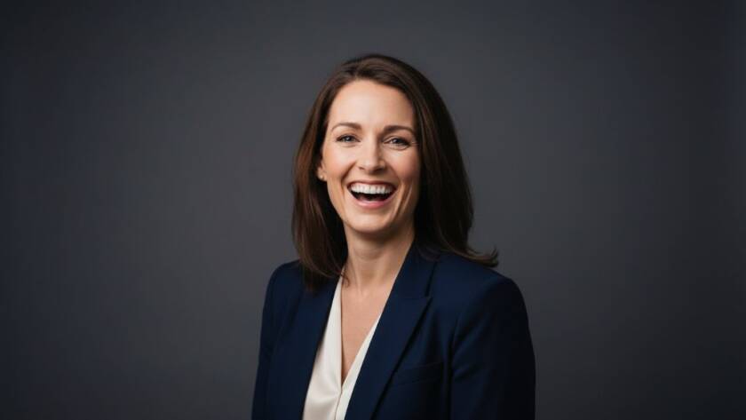 A captivating 'Premier Studio Portrait Photography Oakleigh South Victoria' shot featuring a successful business professional, mid-laughter, in a modern studio with dramatic key lighting and a subtle grey backdrop, conveying confidence and approachability.