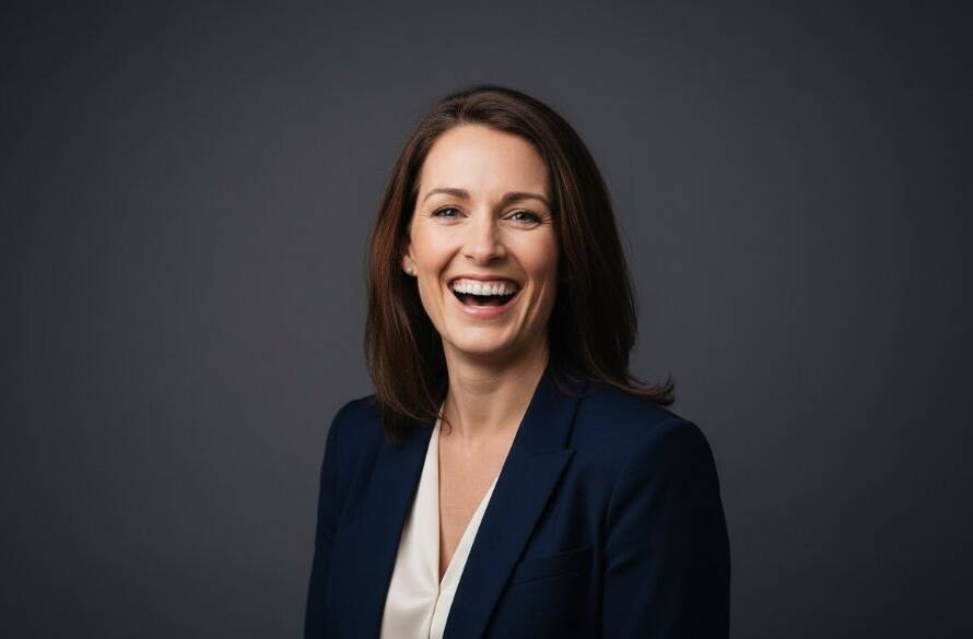 A captivating 'Premier Studio Portrait Photography Oakleigh South Victoria' shot featuring a successful business professional, mid-laughter, in a modern studio with dramatic key lighting and a subtle grey backdrop, conveying confidence and approachability.