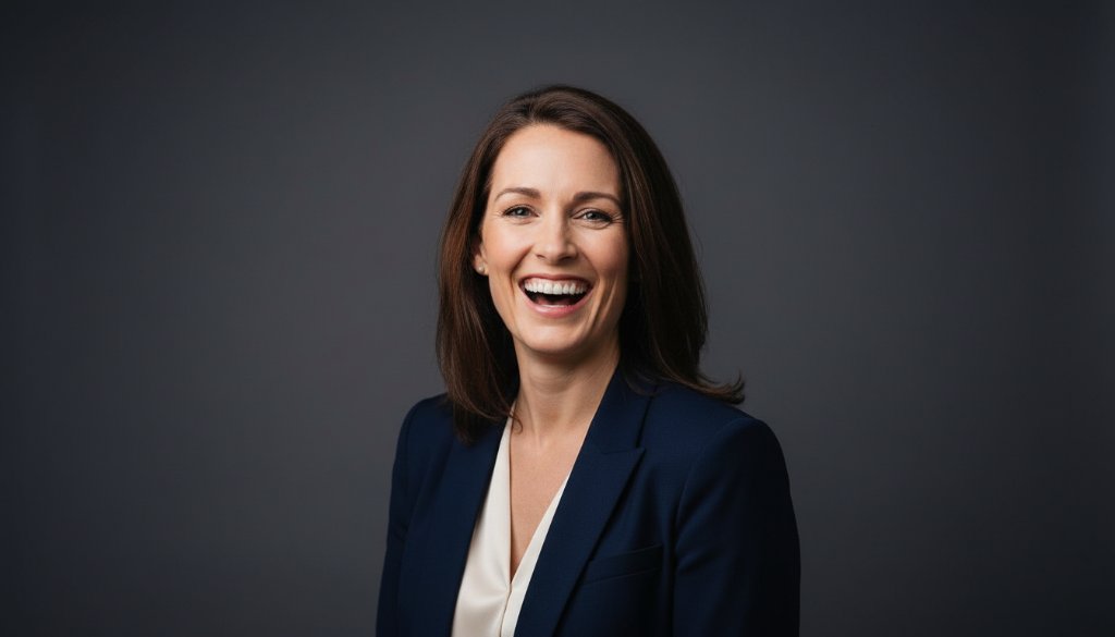 A captivating 'Premier Studio Portrait Photography Oakleigh South Victoria' shot featuring a successful business professional, mid-laughter, in a modern studio with dramatic key lighting and a subtle grey backdrop, conveying confidence and approachability.