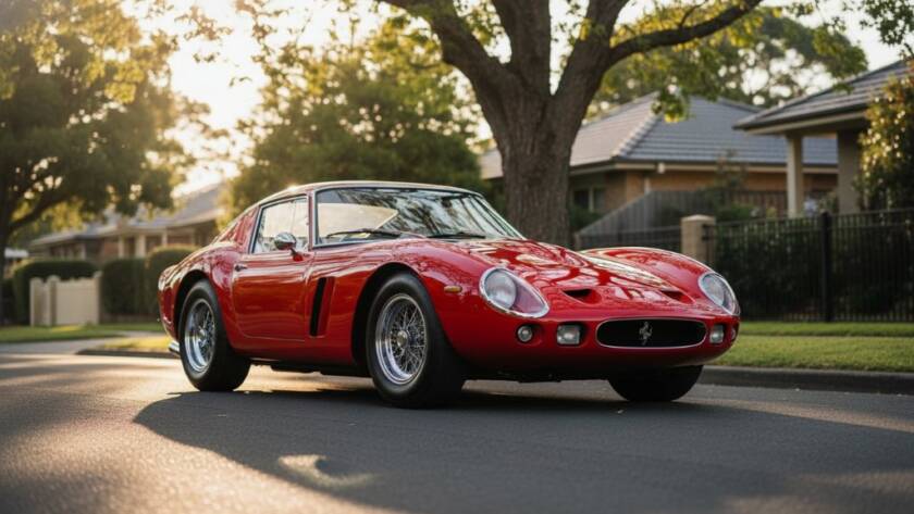 An epic moment captured in Balwyn North: A sleek, deep metallic blue vintage sports car gleaming under the dramatic golden hour light, parked majestically on a quiet, leafy street in Balwyn North, its classic lines highlighted with professional studio-like precision and rich colour grading, embodying premium automotive photography Balwyn North car enthusiasts desire.