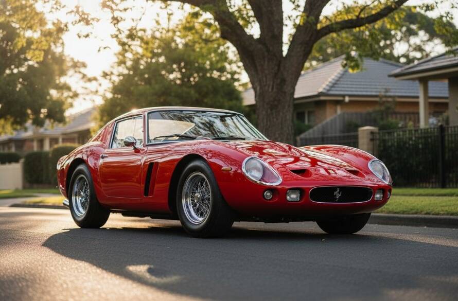An epic moment captured in Balwyn North: A sleek, deep metallic blue vintage sports car gleaming under the dramatic golden hour light, parked majestically on a quiet, leafy street in Balwyn North, its classic lines highlighted with professional studio-like precision and rich colour grading, embodying premium automotive photography Balwyn North car enthusiasts desire.