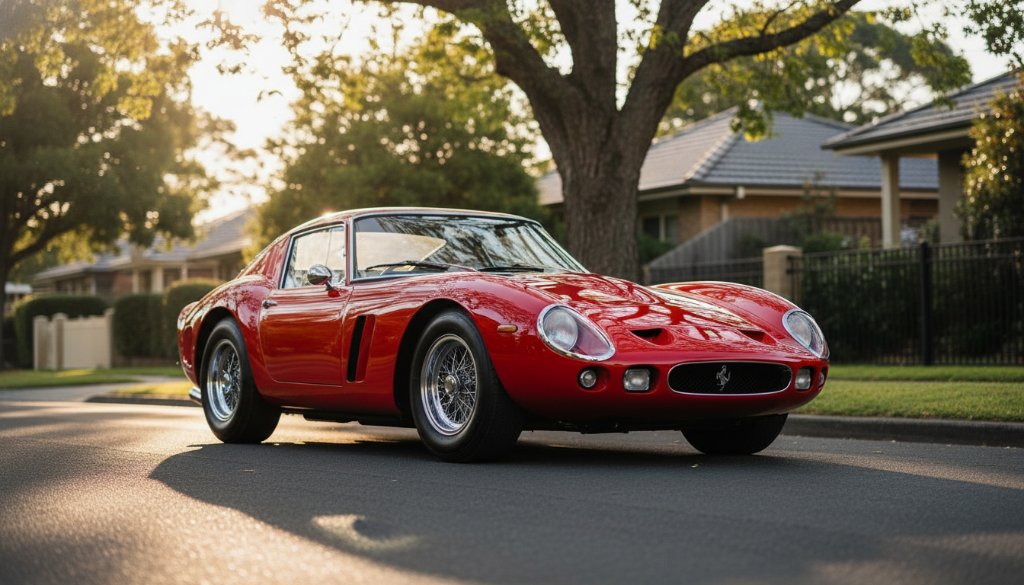 An epic moment captured in Balwyn North: A sleek, deep metallic blue vintage sports car gleaming under the dramatic golden hour light, parked majestically on a quiet, leafy street in Balwyn North, its classic lines highlighted with professional studio-like precision and rich colour grading, embodying premium automotive photography Balwyn North car enthusiasts desire.