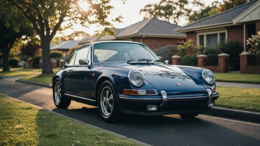 A sleek, deep blue vintage sports car is dramatically lit by a setting sun, parked on a tree-lined street in Mont Albert North, Victoria, showcasing premium automotive photography. The car's polished chrome gleams, capturing an epic moment of automotive elegance.