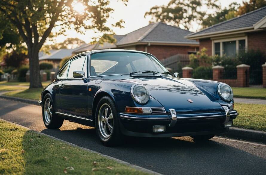 A sleek, deep blue vintage sports car is dramatically lit by a setting sun, parked on a tree-lined street in Mont Albert North, Victoria, showcasing premium automotive photography. The car's polished chrome gleams, capturing an epic moment of automotive elegance.