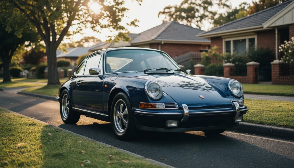 A sleek, deep blue vintage sports car is dramatically lit by a setting sun, parked on a tree-lined street in Mont Albert North, Victoria, showcasing premium automotive photography. The car's polished chrome gleams, capturing an epic moment of automotive elegance.