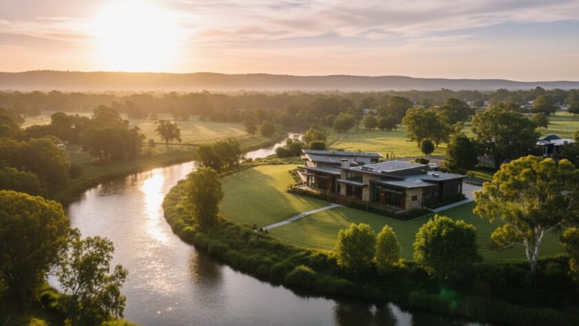 An epic aerial shot of a stunning modern home overlooking the Mitchell River in Bairnsdale at sunrise, showcasing professional, premium Bairnsdale real estate photography boosts property appeal with golden light illuminating the facade and lush landscaping.