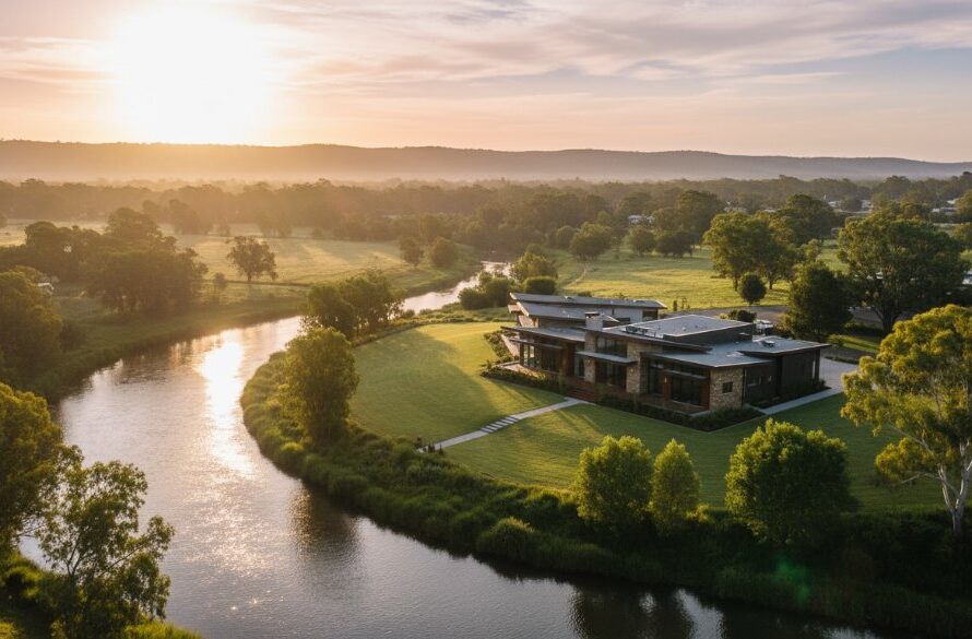 An epic aerial shot of a stunning modern home overlooking the Mitchell River in Bairnsdale at sunrise, showcasing professional, premium Bairnsdale real estate photography boosts property appeal with golden light illuminating the facade and lush landscaping.