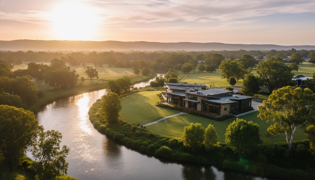 An epic aerial shot of a stunning modern home overlooking the Mitchell River in Bairnsdale at sunrise, showcasing professional, premium Bairnsdale real estate photography boosts property appeal with golden light illuminating the facade and lush landscaping.